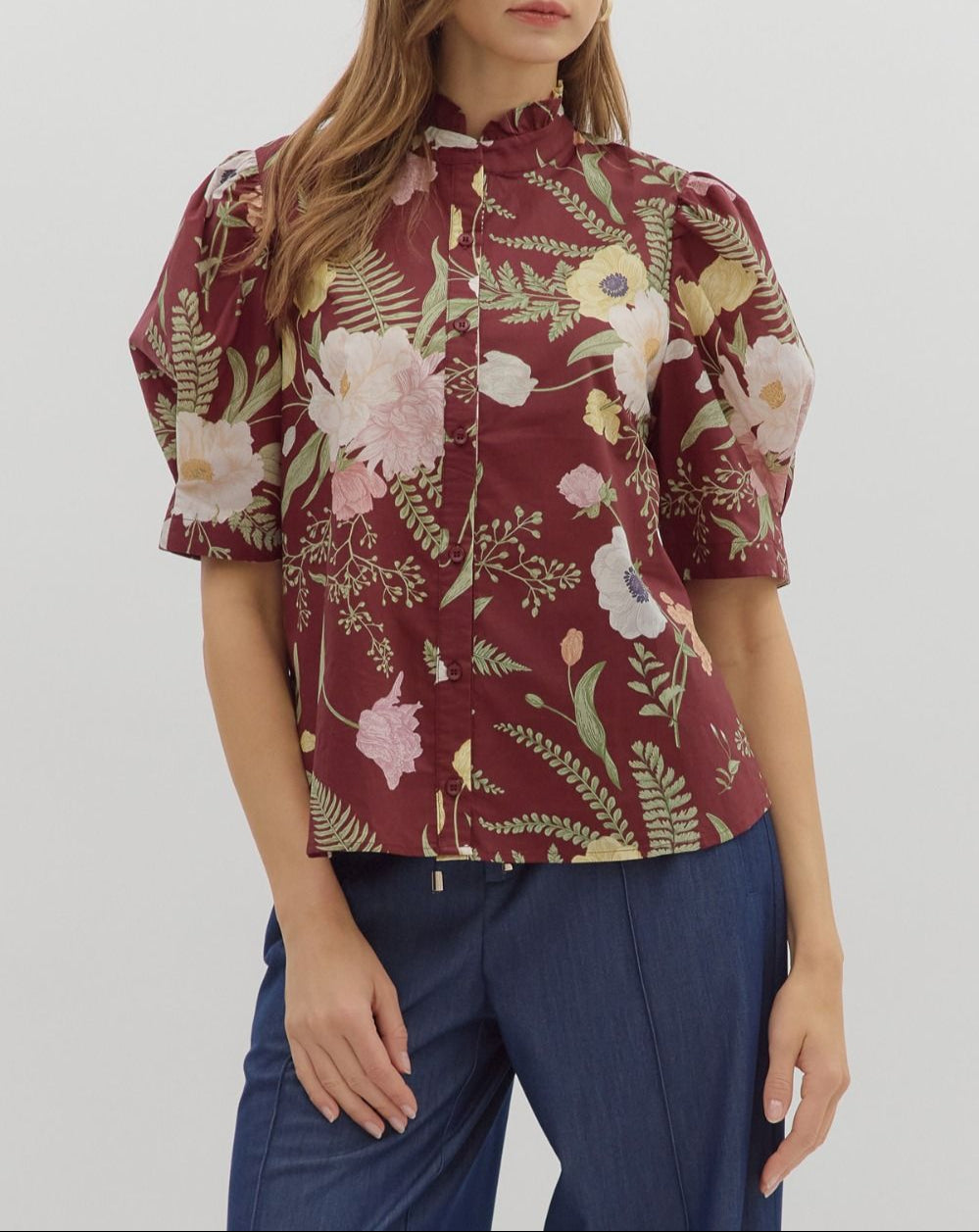 Prim and Proper Floral Ruffle Neck Short Sleeve Top - Merlot