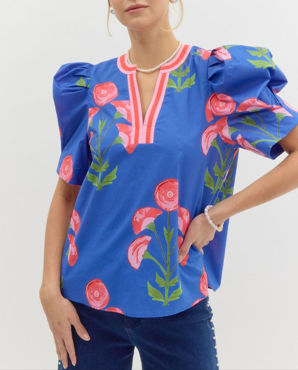 Blue Blooms Structured V-Neck Top - Blue