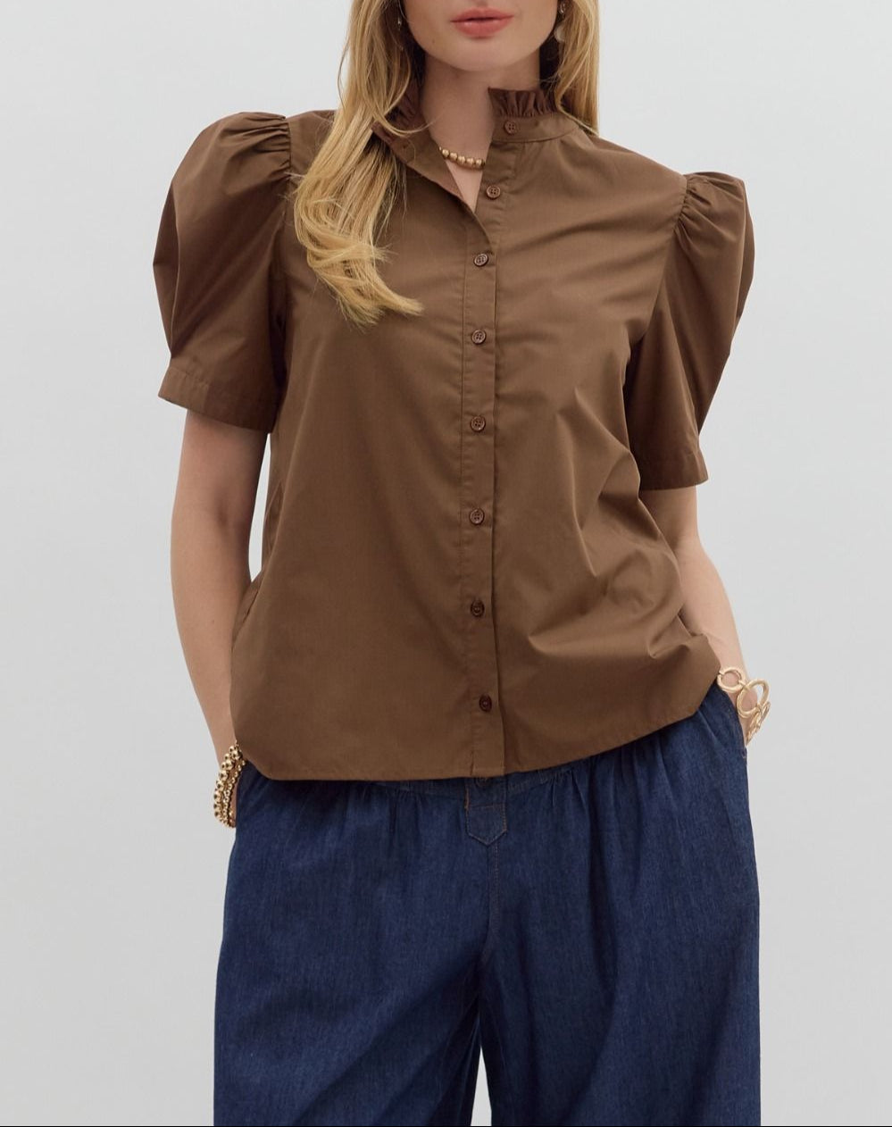 Falling in Love Puff Sleeve Button Up Top - Brown