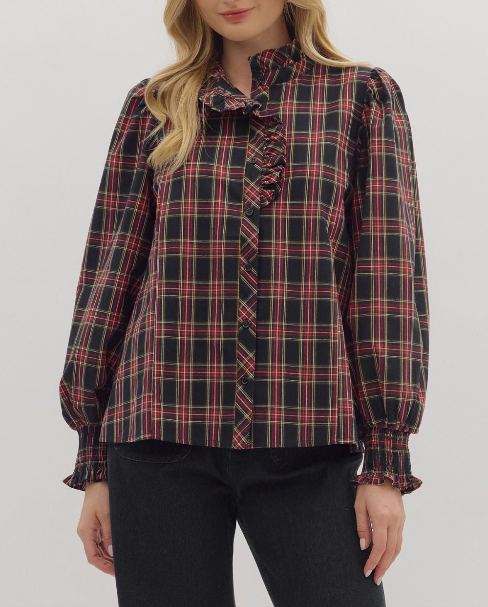 Plaid Perfection Long Sleeve Ruffle Neck Top - Dark Navy