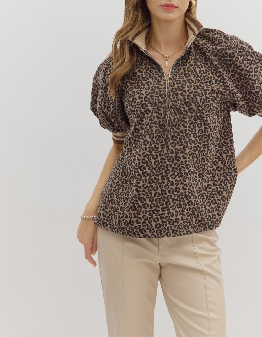 Adventures Waiting Puff Sleeve Half Zip Top - Mocha