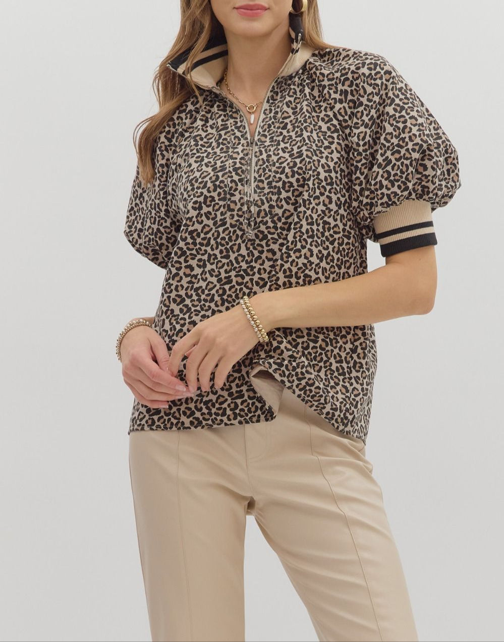 Adventures Waiting Puff Sleeve Half Zip Top - Taupe