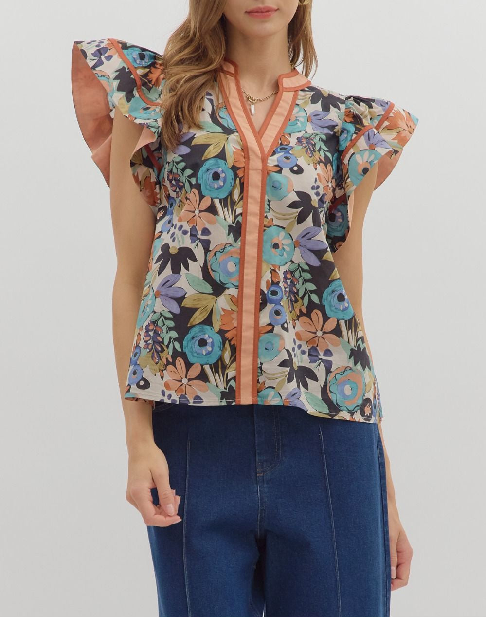 Brand New Floral Flutter Sleeve Top - Cinnamon