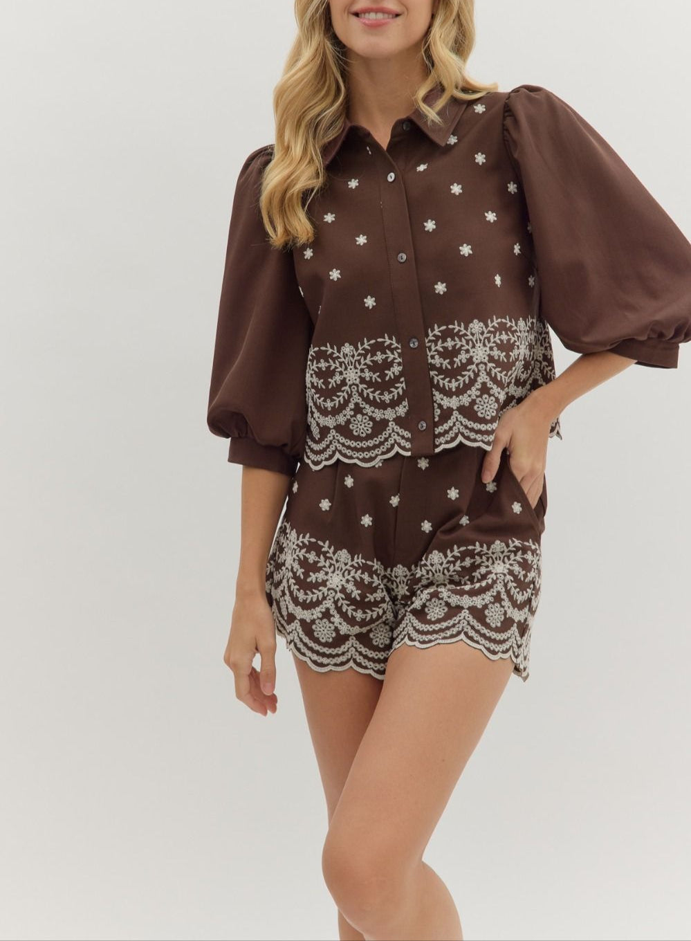 Autumn Adventures Embroidered Puff Sleeve Top - Brown