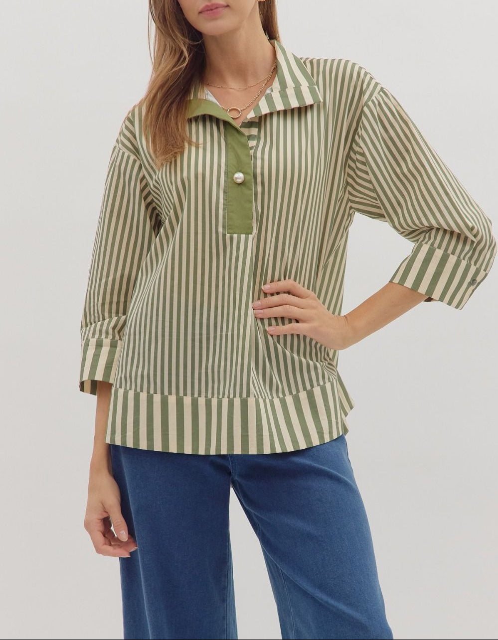 Moving On Striped Wide Collar Top - Olive