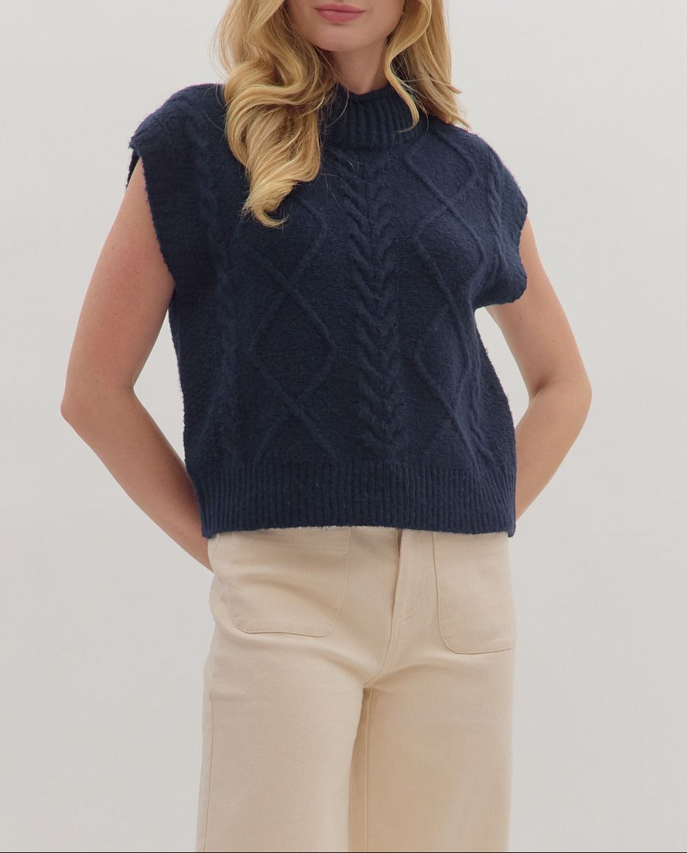 Wrapped Up Cap Sleeve Mock Neck Top - Navy