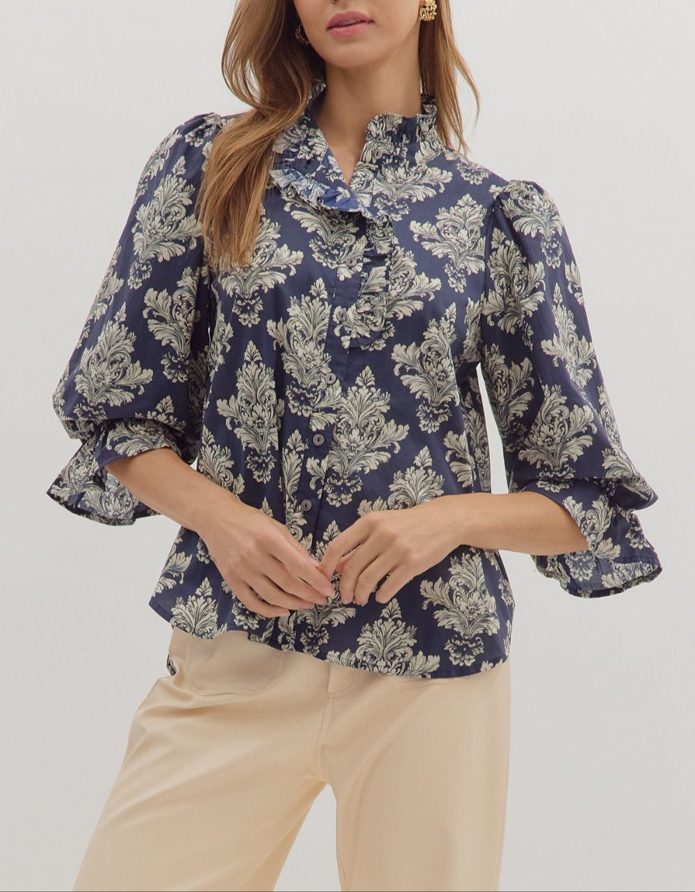 Flower Season Baroque Print Top - Navy