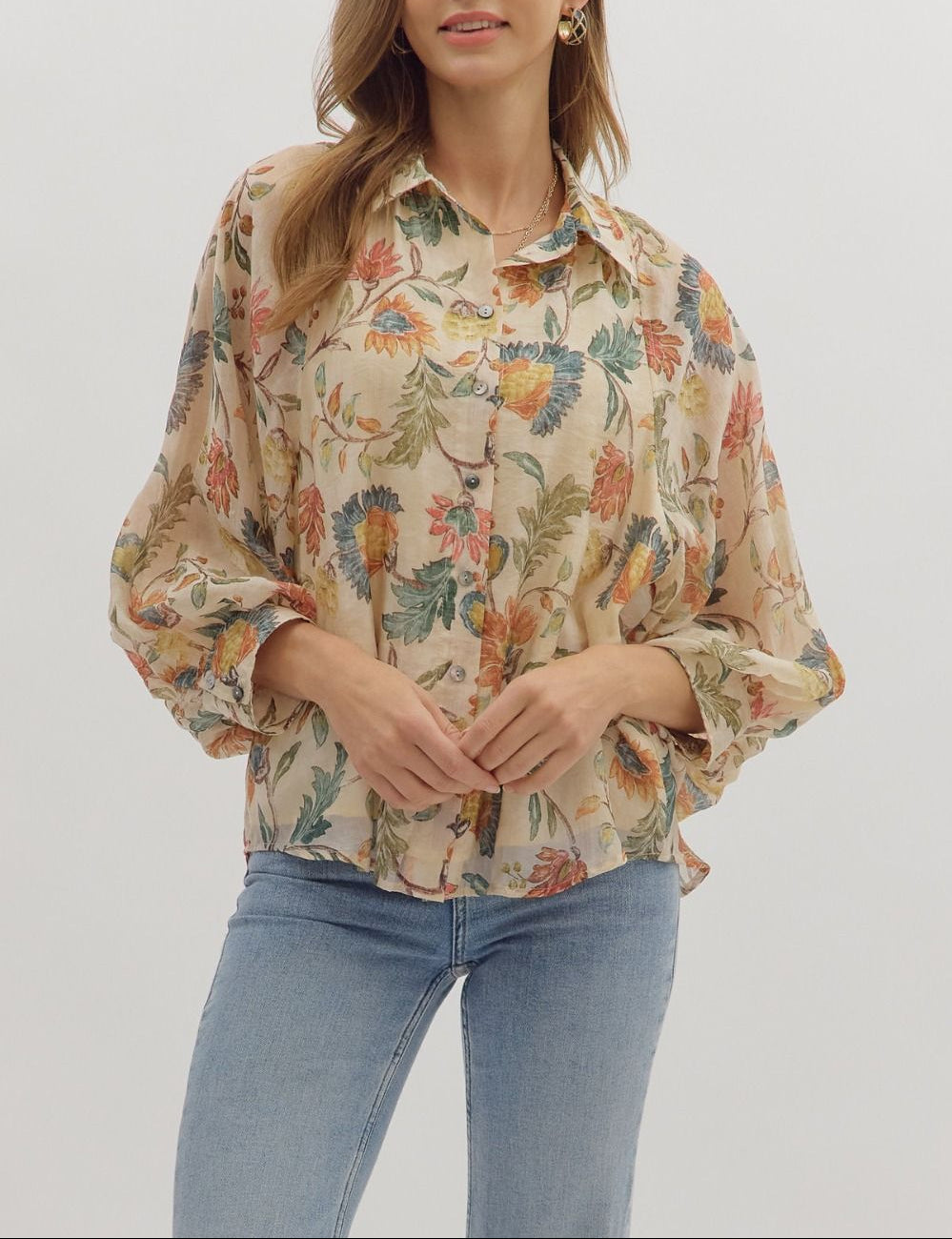 Colors Of The Wind Floral Button Down Top - Ecru