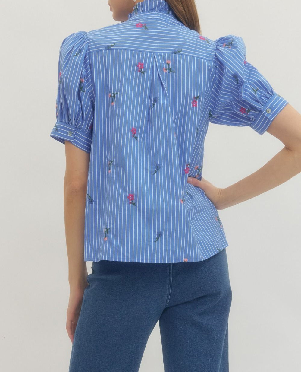 Be Basic Floral Stripe Puff Sleeve Top - Blue