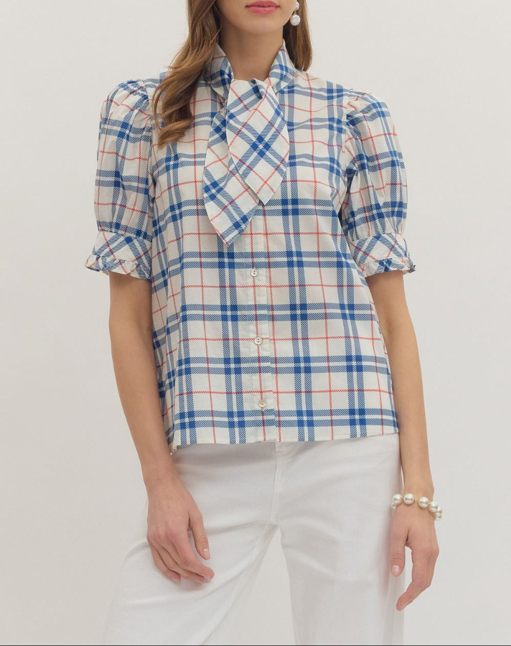 Backroads Plaid Tie Neck Top - Indigo