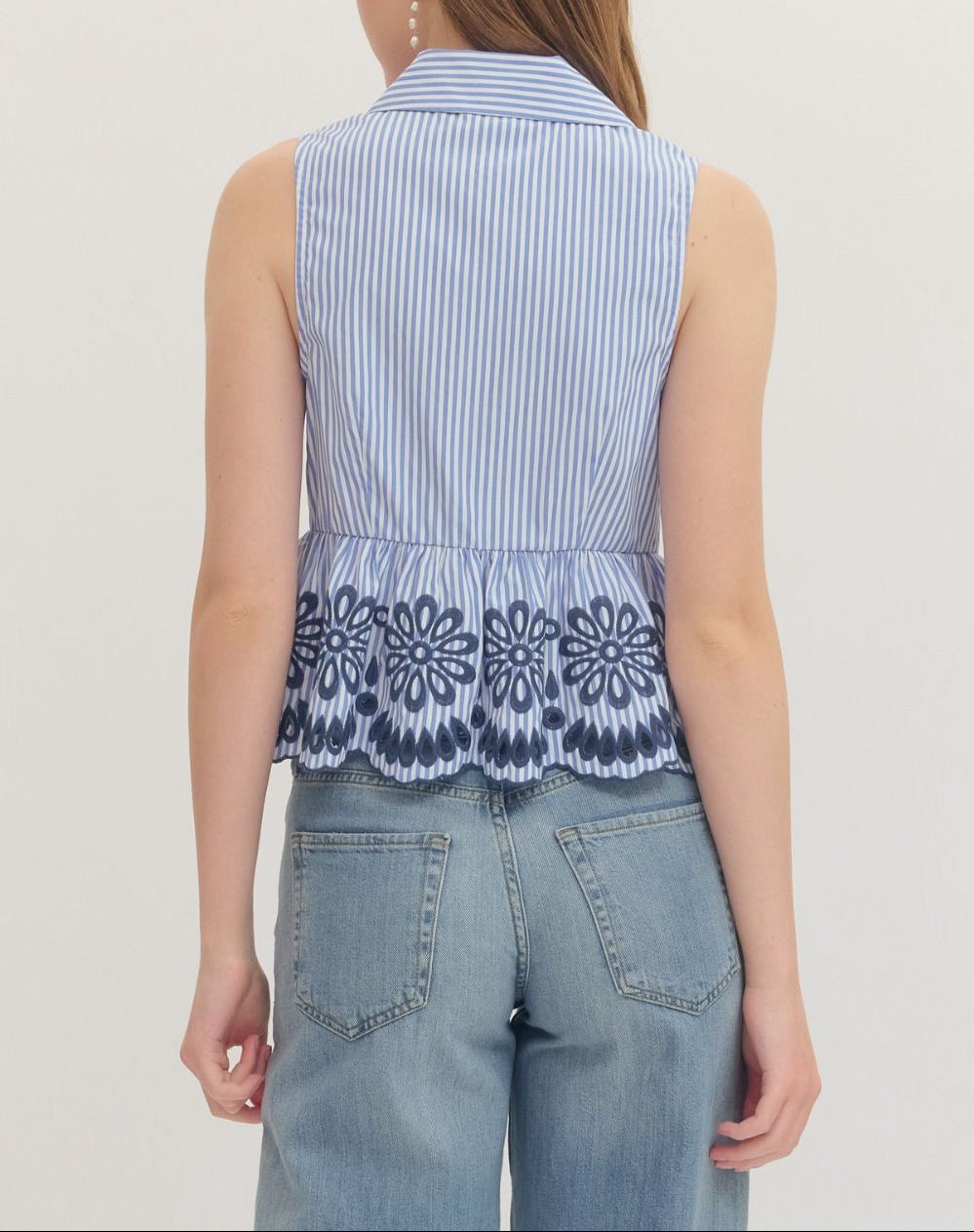 Impress You Striped Sleeveless Eyelet Top - Blue
