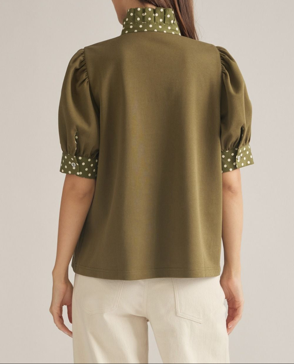 Feel Good Polkadot Ruffled Collar Top - Olive