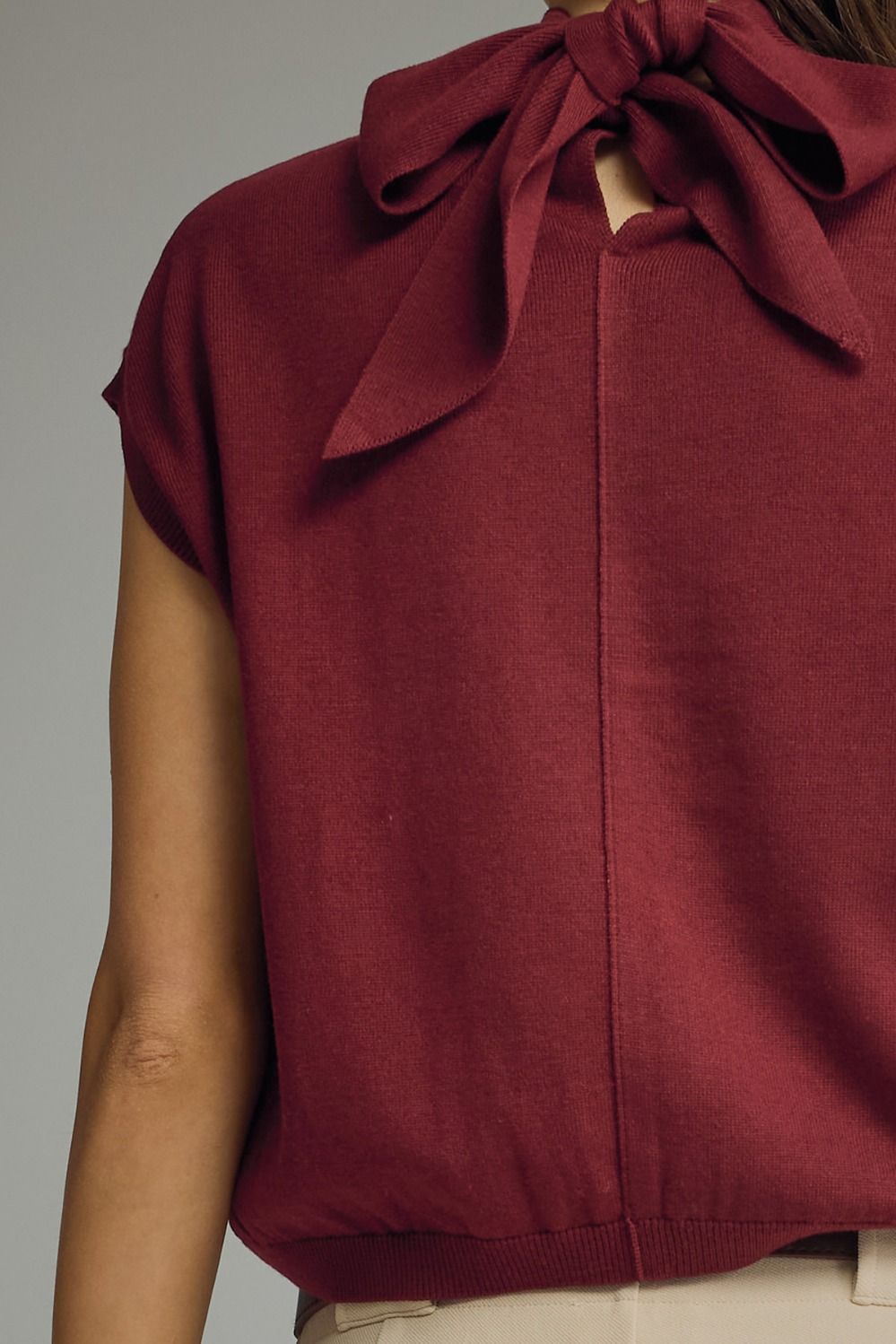 All Smiles Mock Neck Cap Sleeve Scarf Tie Top - Burgundy