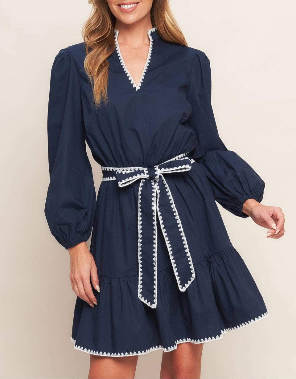 In A Hurry Tie Waist V-Neck Dress - Navy