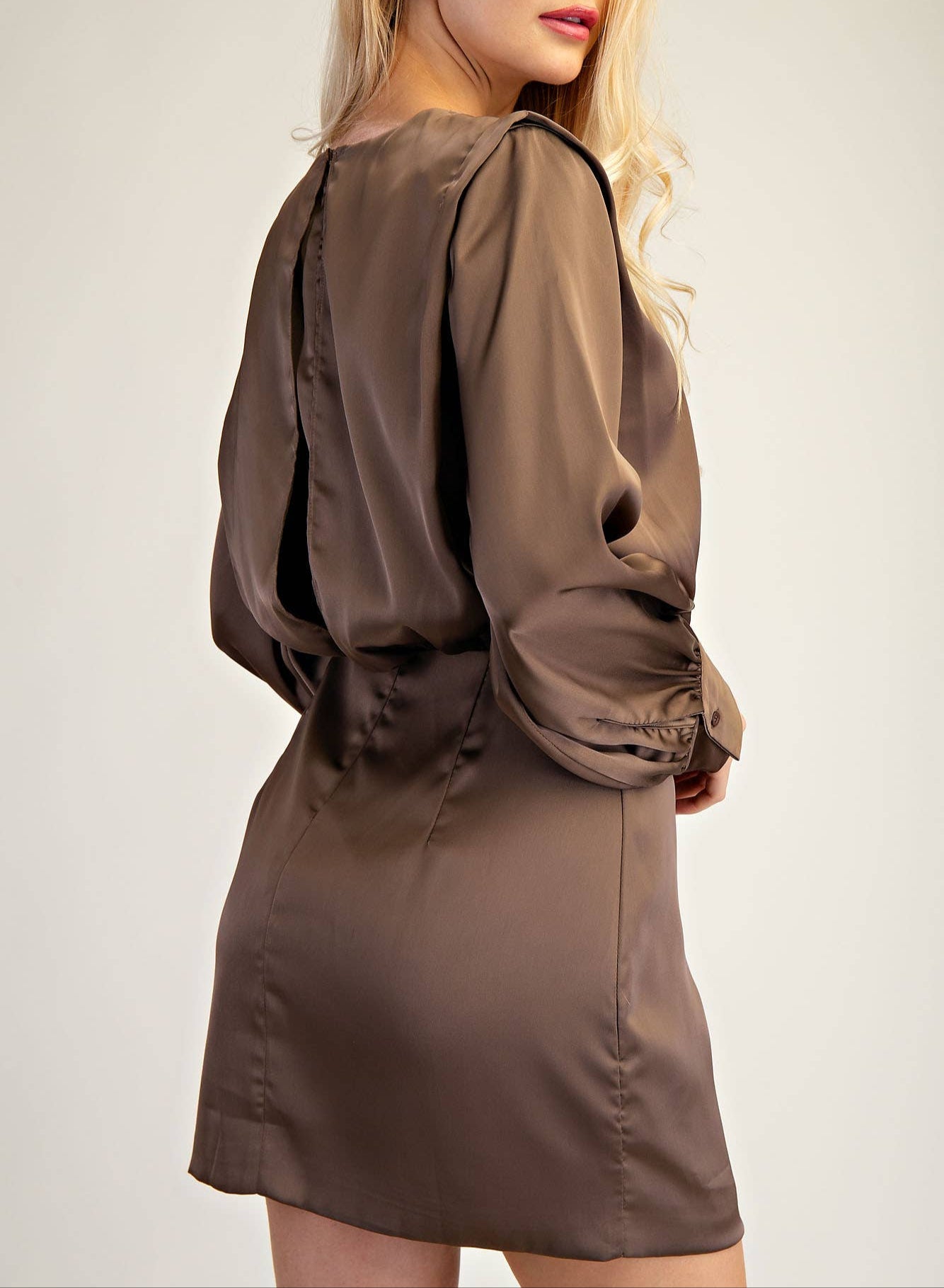 Round Neck Shoulder Pad Mini Dress - Mocha