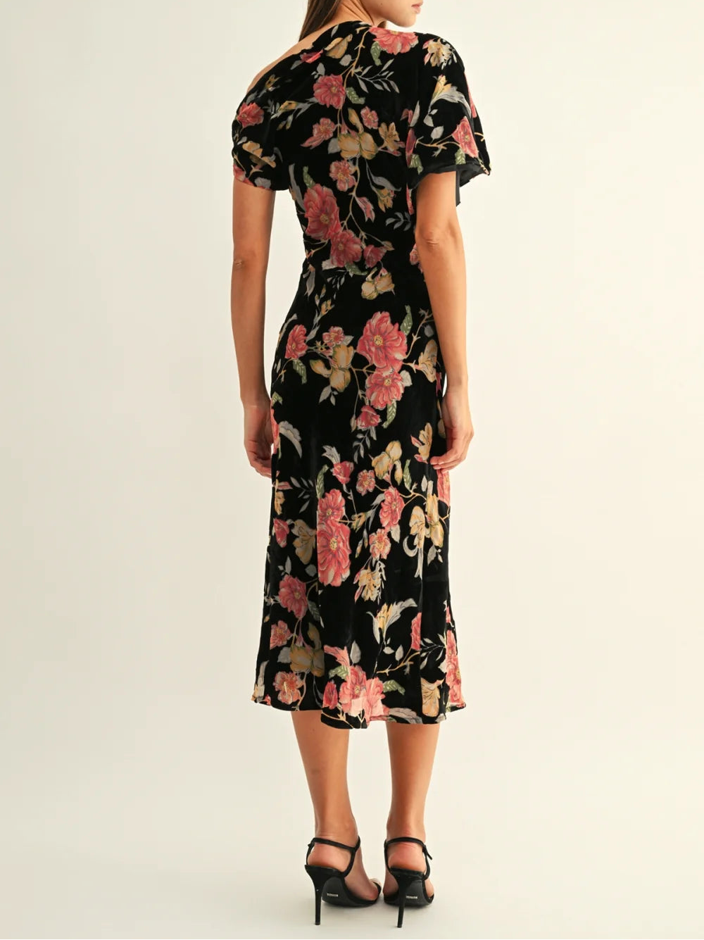 Manon Burnout Velvet Asymmetric Sleeves Midi Dress - Black Multi