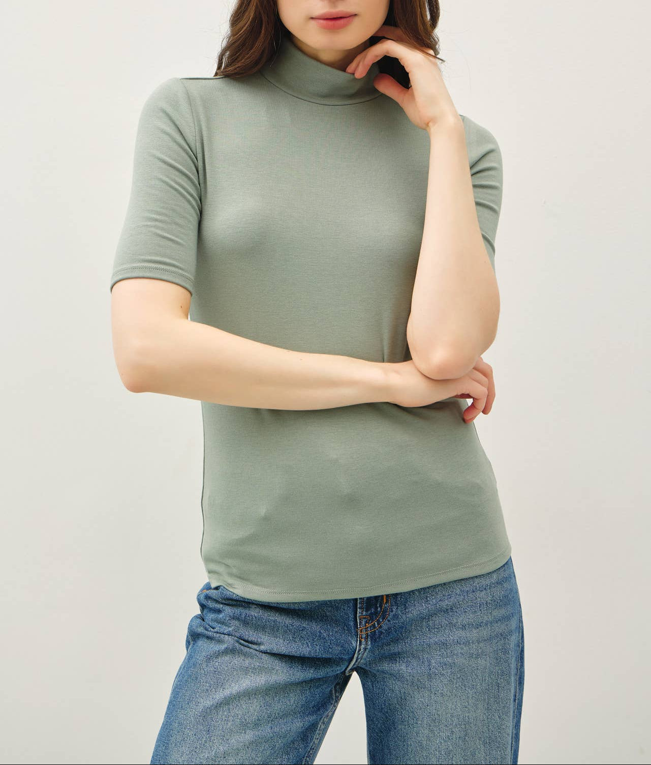 Bestseller Short Sleeve Mock Neck Knit Top - Avocado