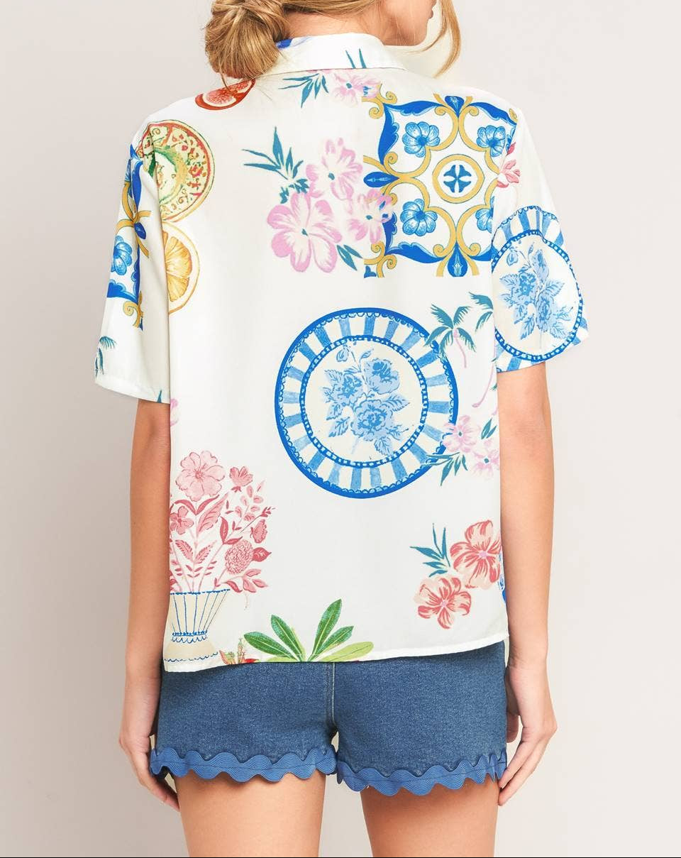 No Excuses Collared Printed Top - Off White
