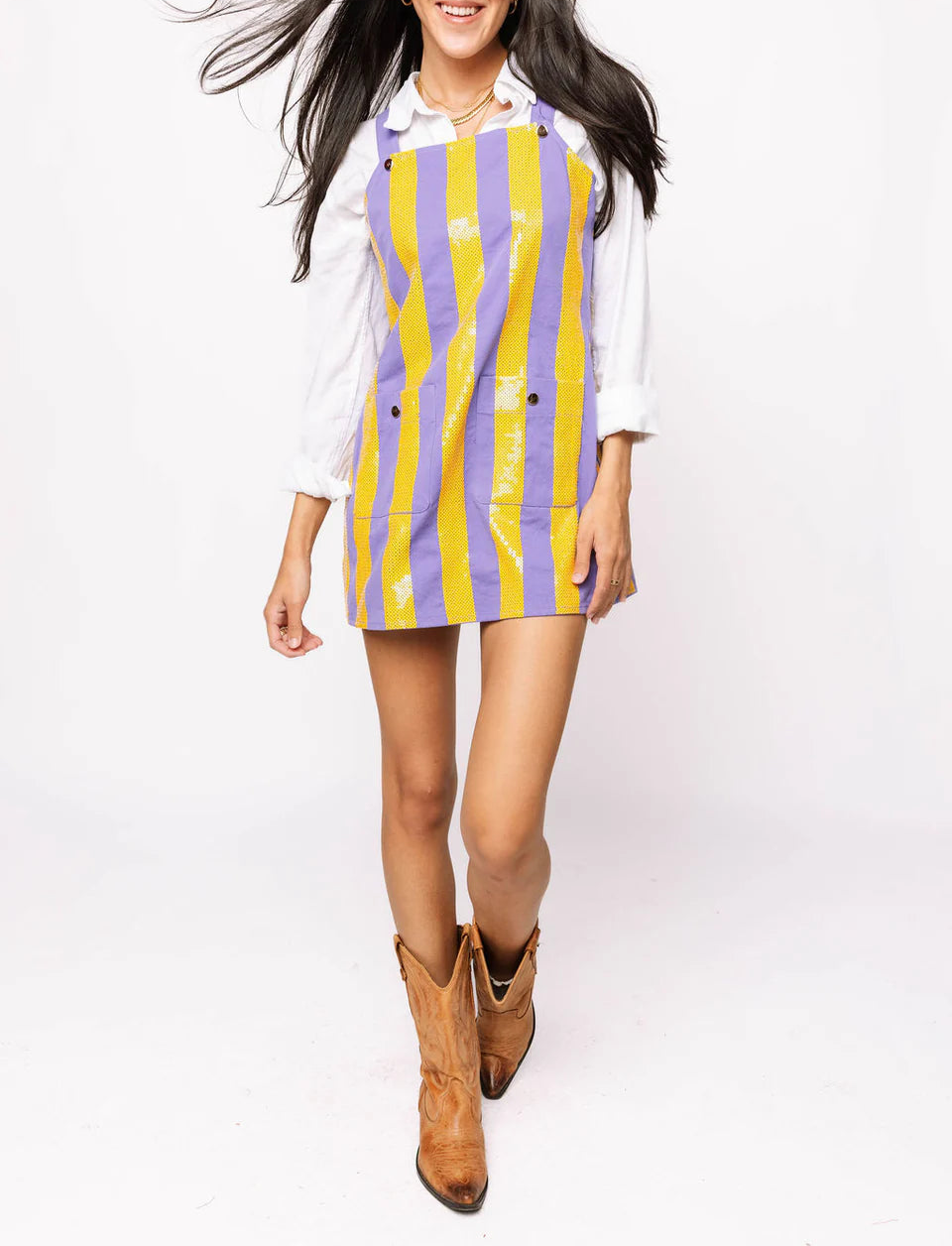Queen Of Sparkles Purple & Yellow Sequin Striped Overall Dress
