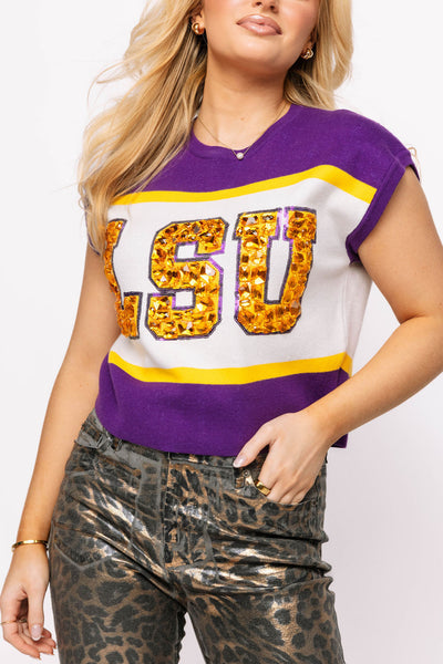 Queen Of Sparkles Licensed 'LSU' Colorblock Jewel Letter Short Sleeve Sweater