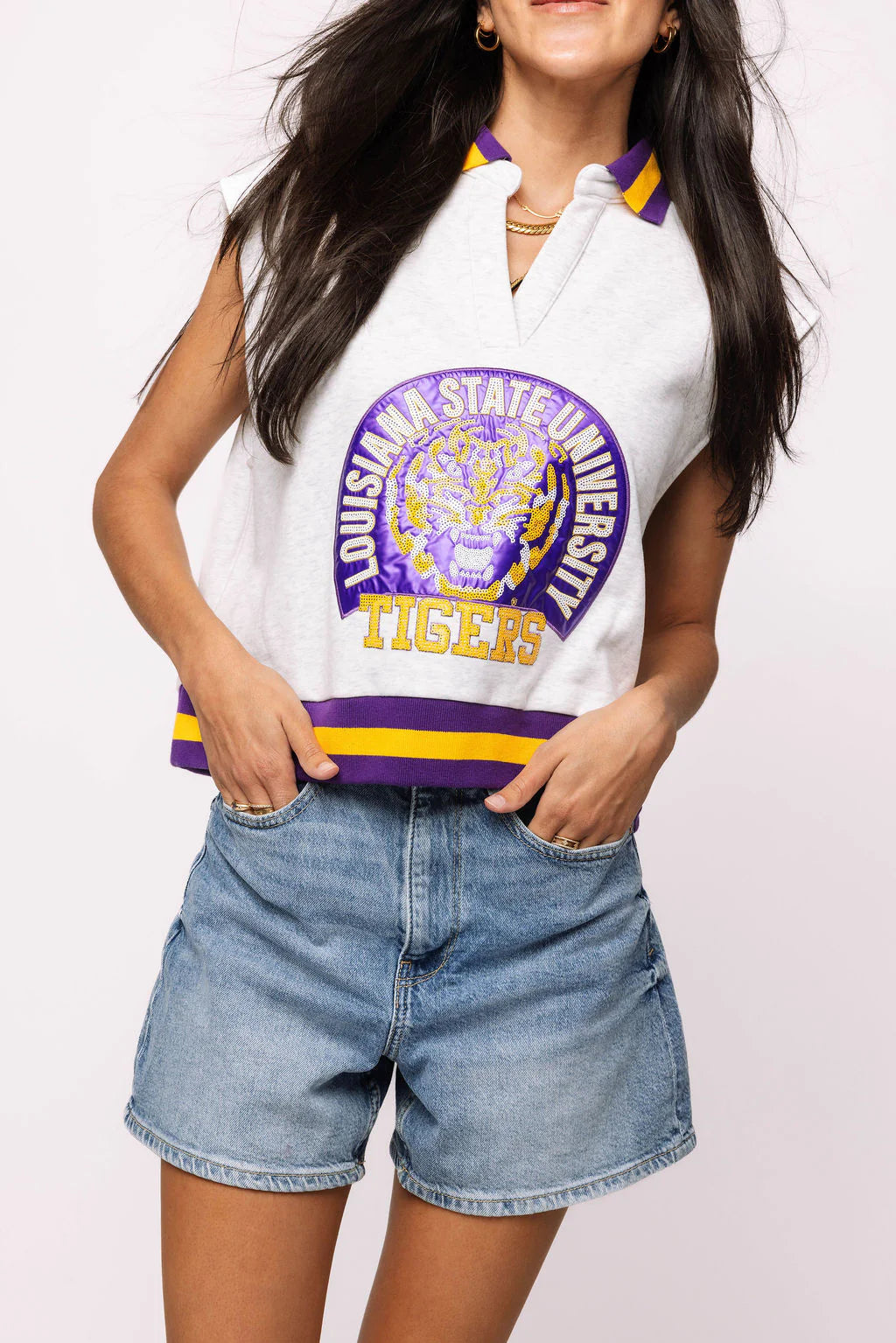 Queen Of Sparkles Licensed LSU Striped Collar Circular Mascot Tank