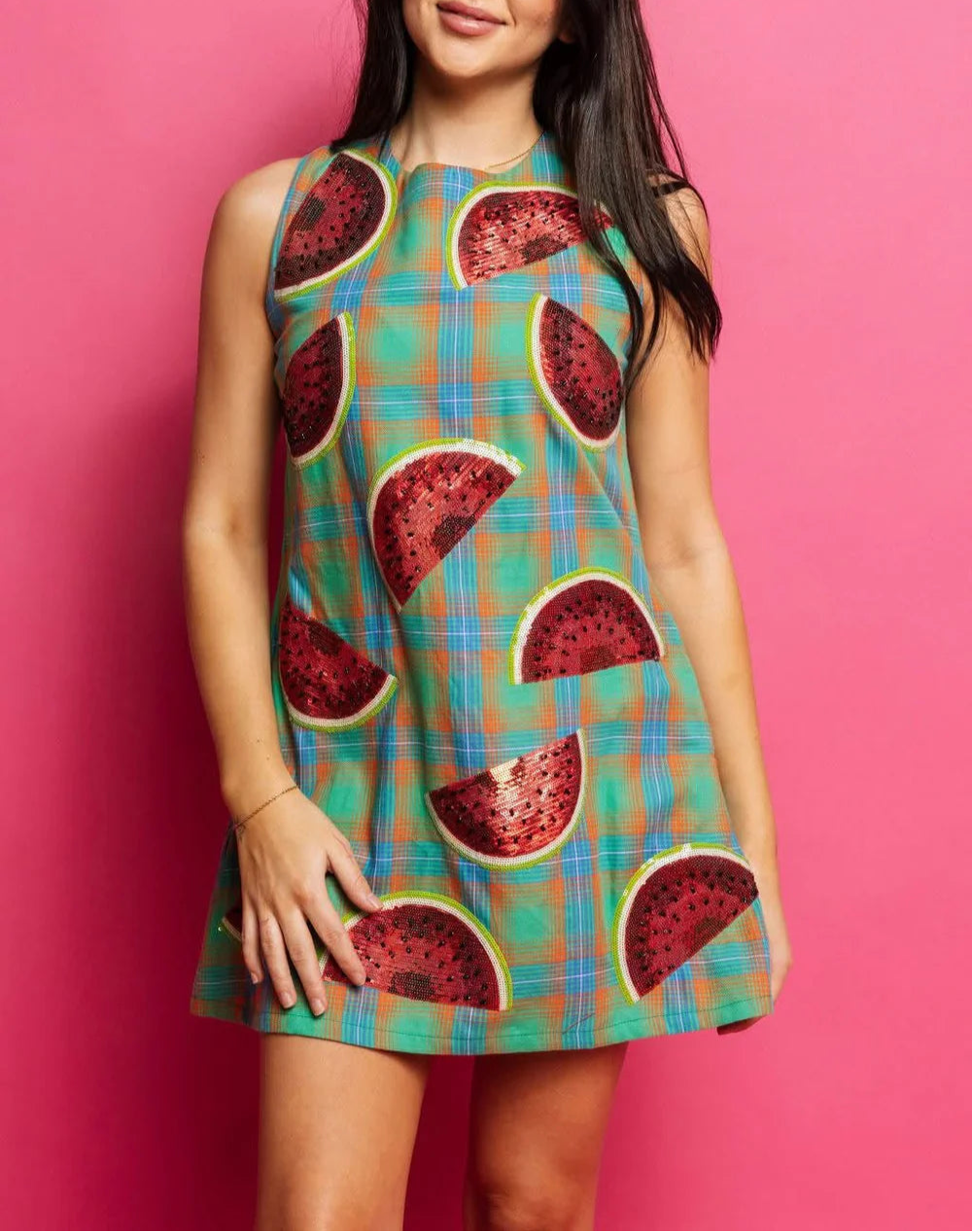Queen of Sparkles Green Cotton Plaid Sequin Watermelon Tank Dress