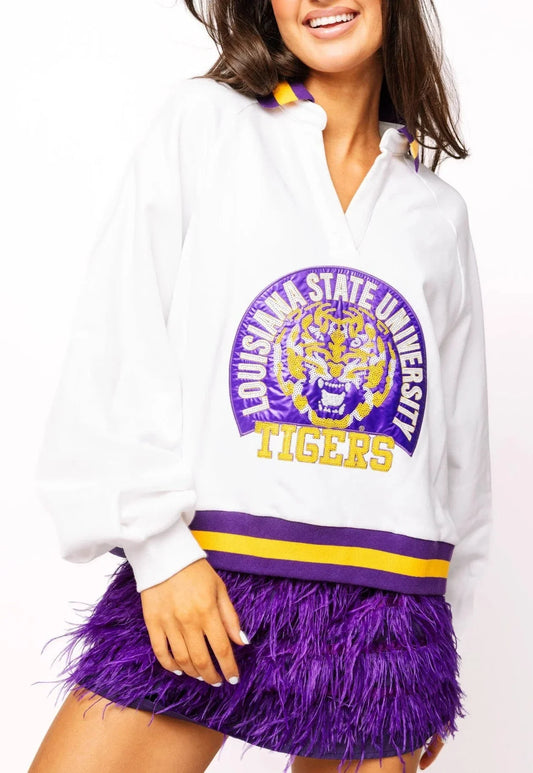 Queen Of Sparkles Licensed LSU Striped Collar Circular Mascot Sweatshirt