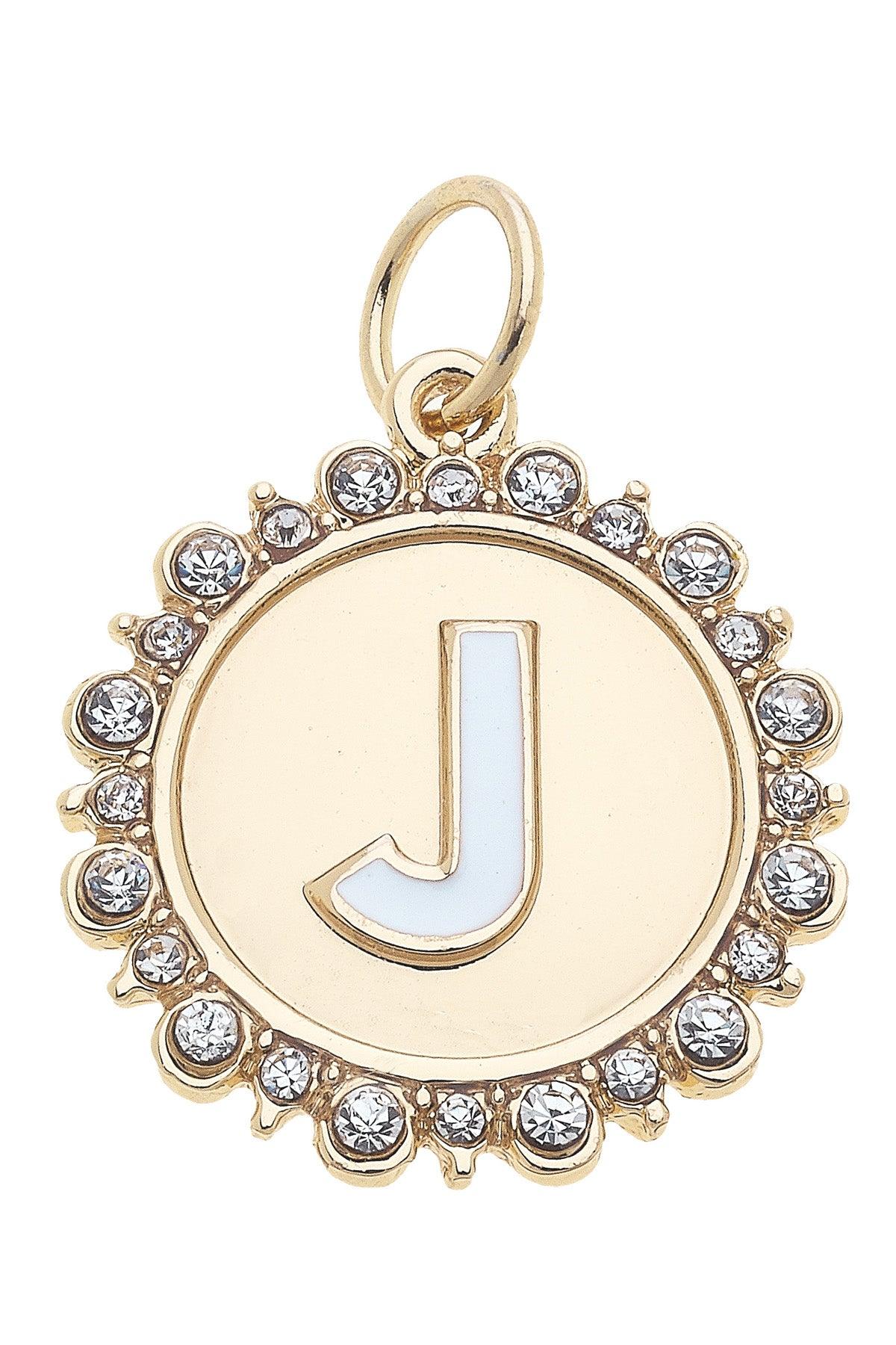 Rhinestone-Studded Enamel Letter Disc Charms in Shiny Gold