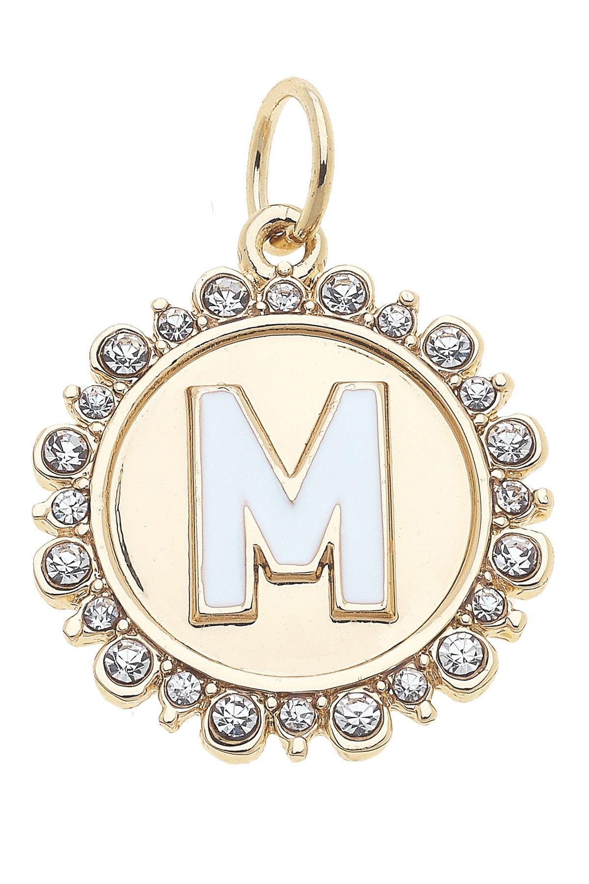 Rhinestone-Studded Enamel Letter Disc Charms in Shiny Gold