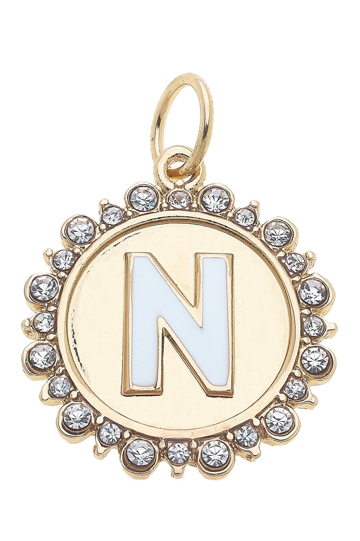 Rhinestone-Studded Enamel Letter Disc Charms in Shiny Gold