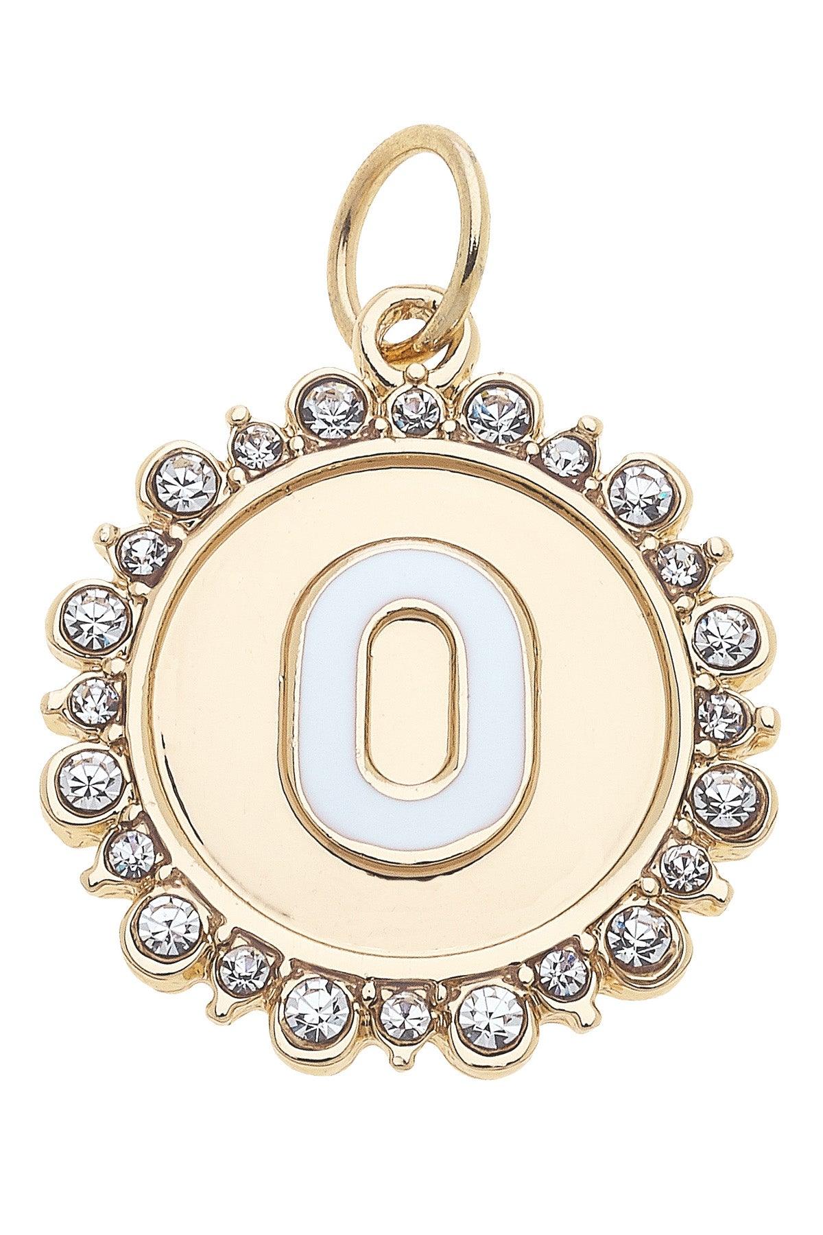 Rhinestone-Studded Enamel Letter Disc Charms in Shiny Gold