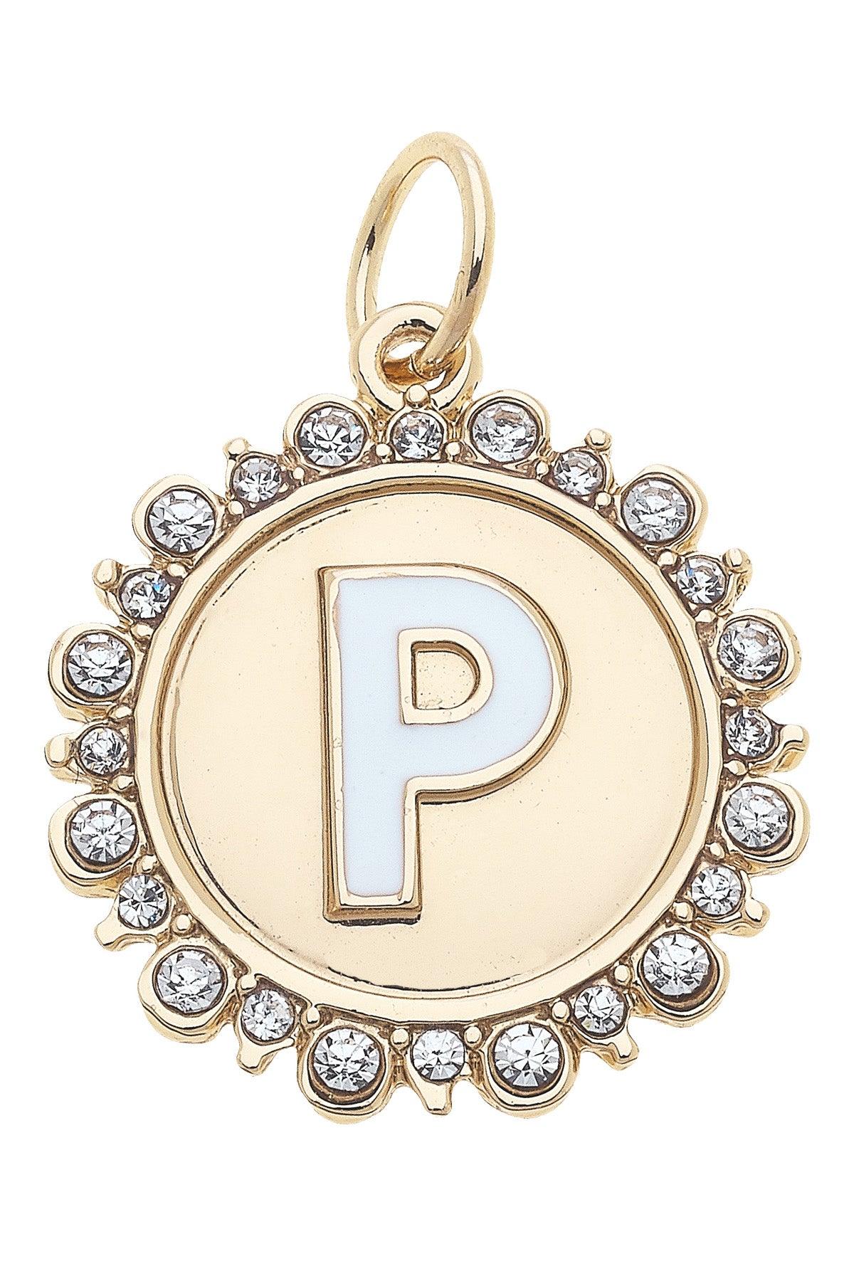 Rhinestone-Studded Enamel Letter Disc Charms in Shiny Gold