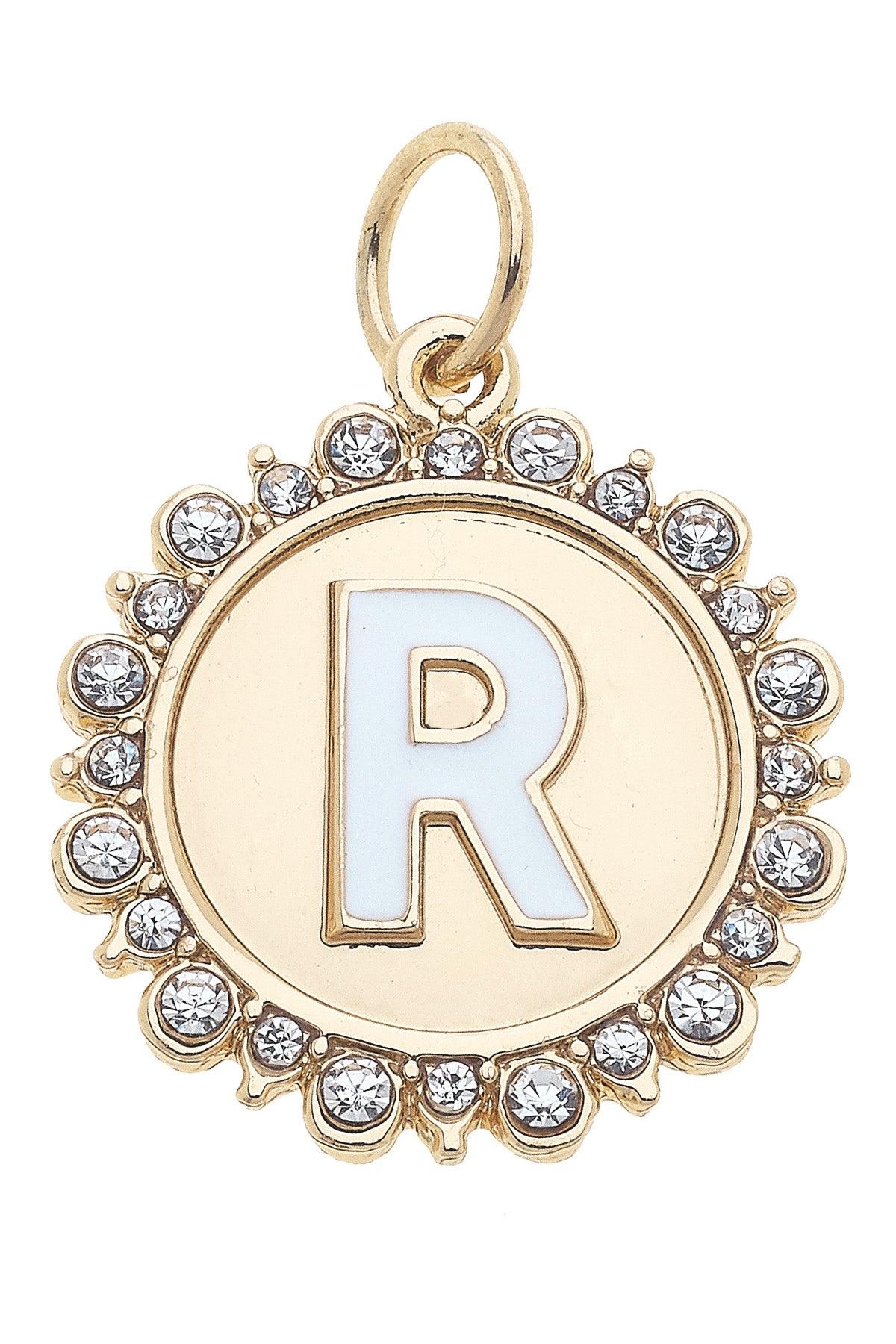 Rhinestone-Studded Enamel Letter Disc Charms in Shiny Gold