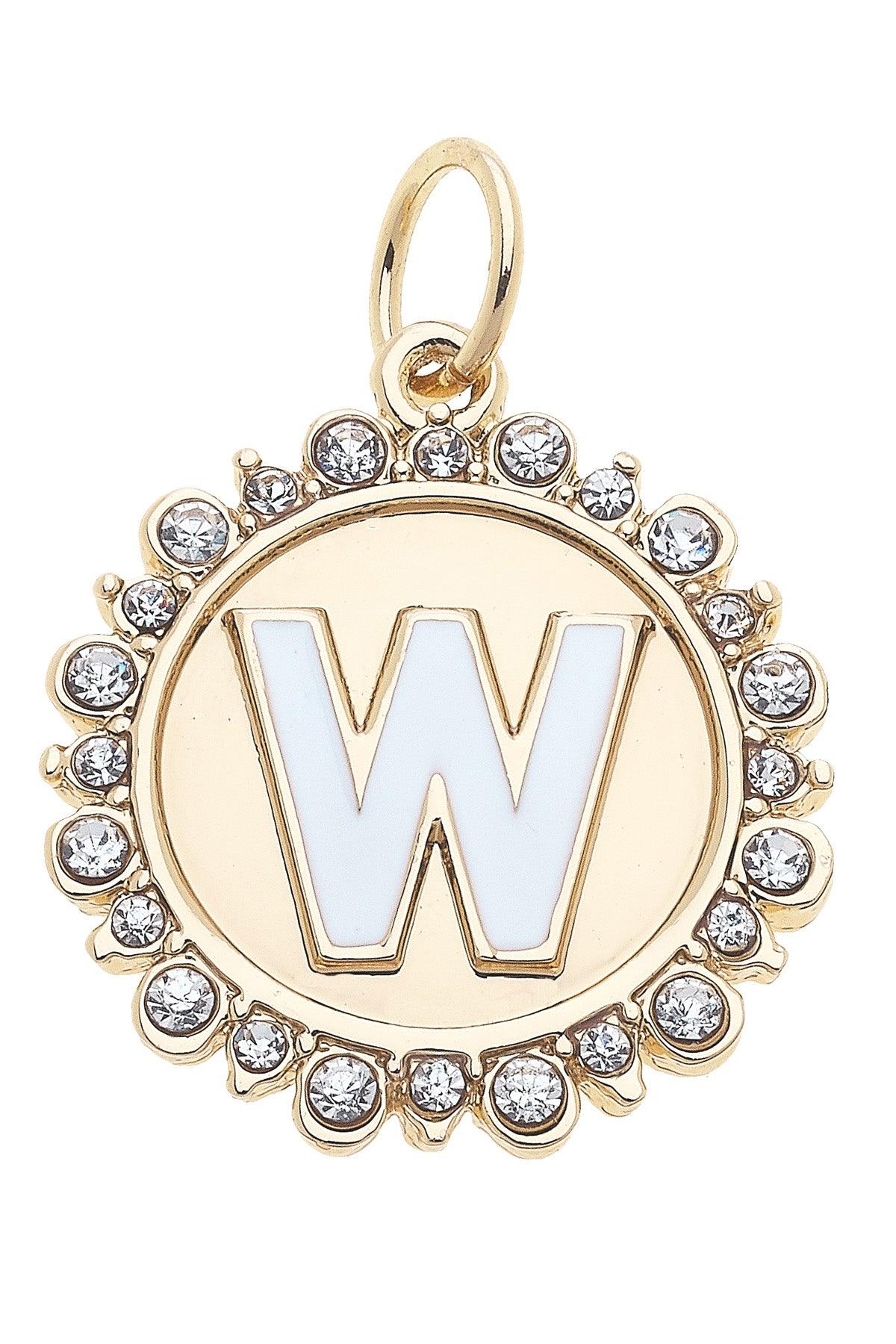 Rhinestone-Studded Enamel Letter Disc Charms in Shiny Gold