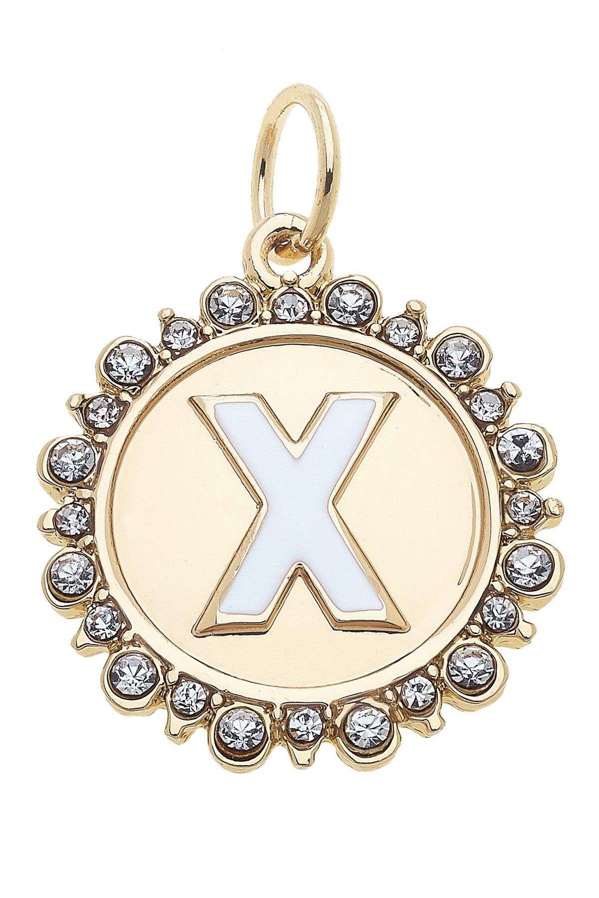 Rhinestone-Studded Enamel Letter Disc Charms in Shiny Gold