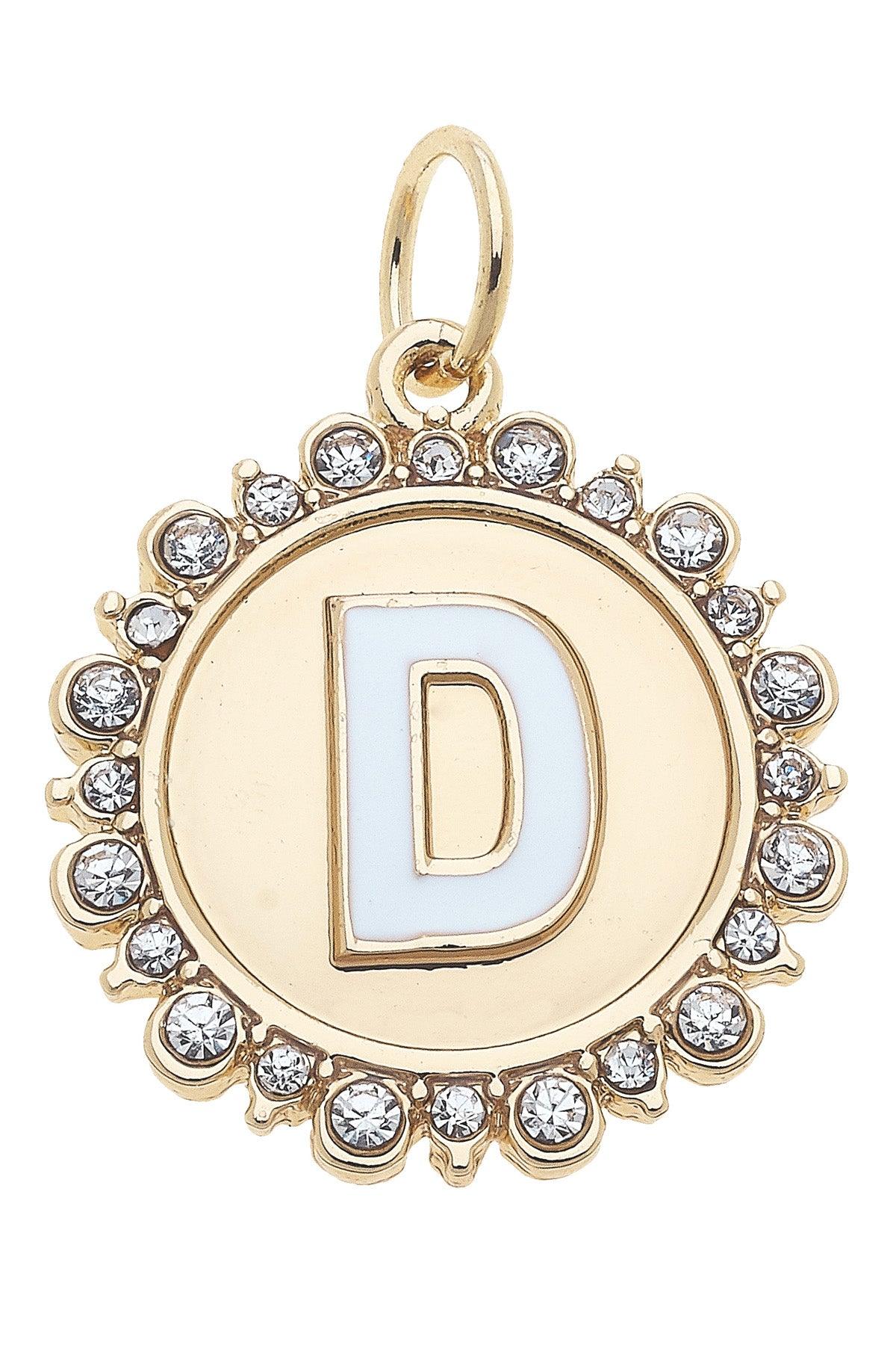 Rhinestone-Studded Enamel Letter Disc Charms in Shiny Gold