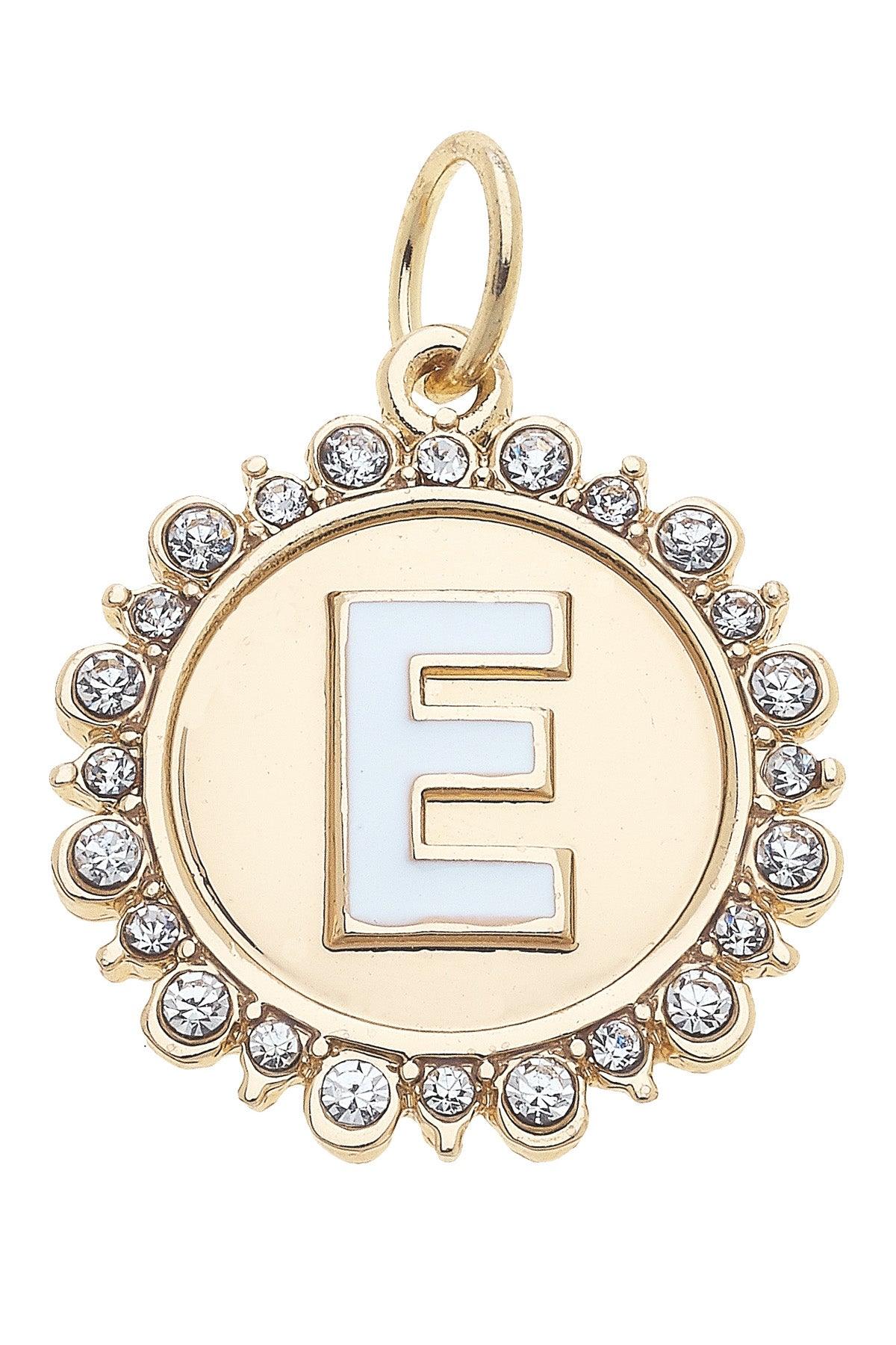 Rhinestone-Studded Enamel Letter Disc Charms in Shiny Gold