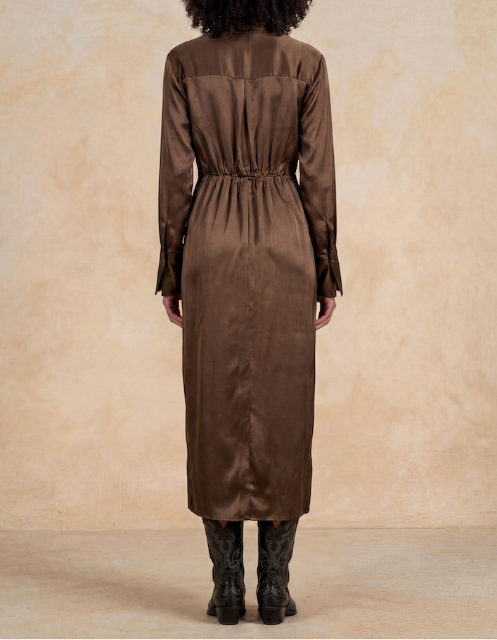 Elan Front Tie Long Sleeve Maxi Dress - Brown