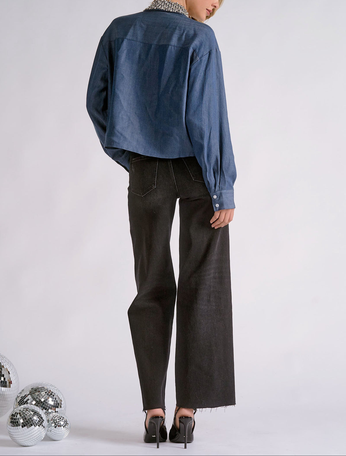 A Little Sparkle Embellished Collar Top — Denim