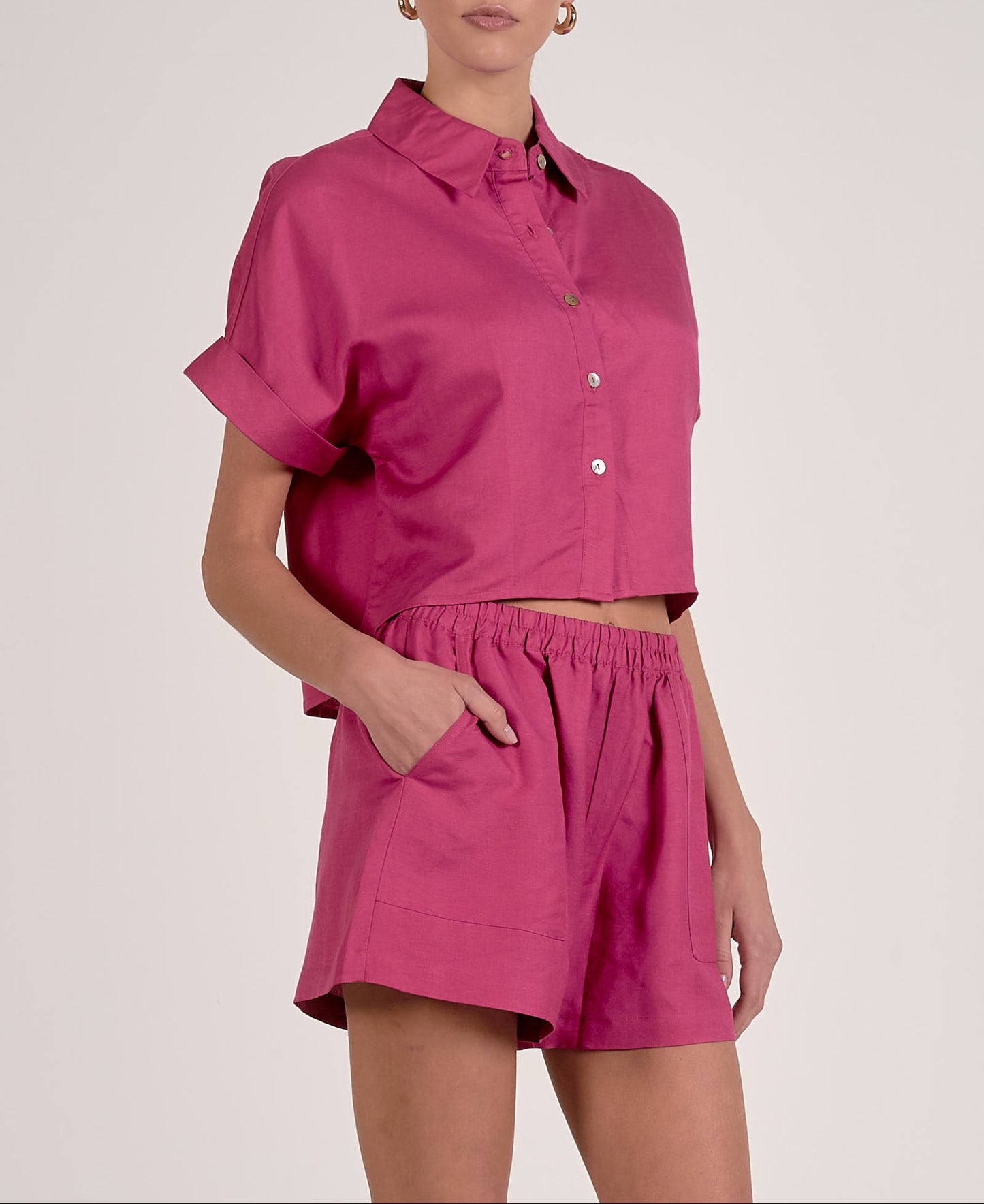 Elan Short Sleeve Button Up Top - Fuchsia