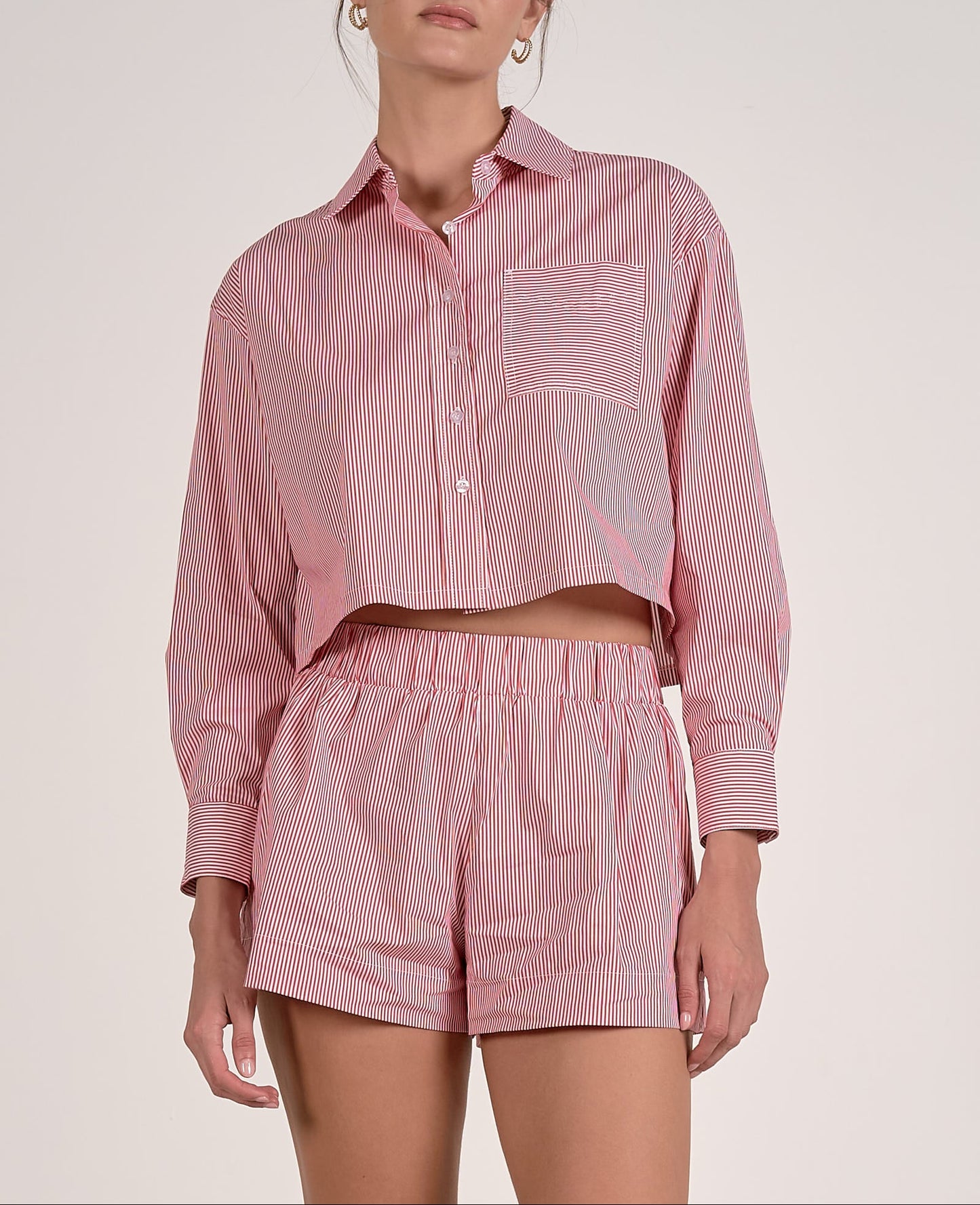 Elan Collar Button Down Crop Top - Red Stripe