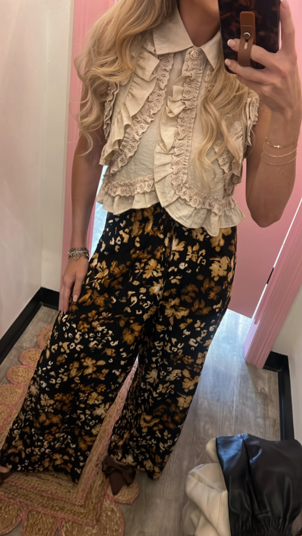 With Ease Printed Wide Leg Pull On Pants - Black Multi