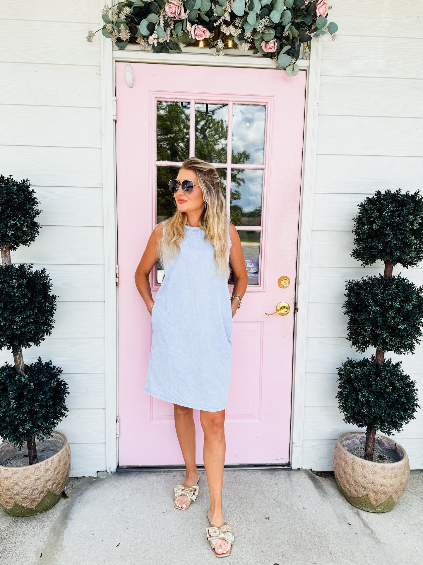 No Worries Sleeveless Crew Neck Dress - Washed Chambray