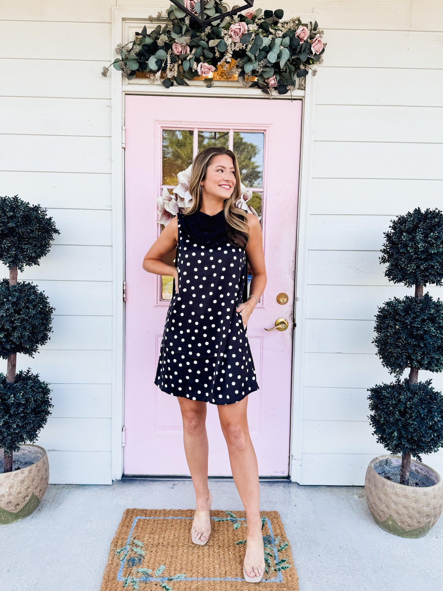 Say Less Polka Dot Sleeveless Dress with Scarf - Black