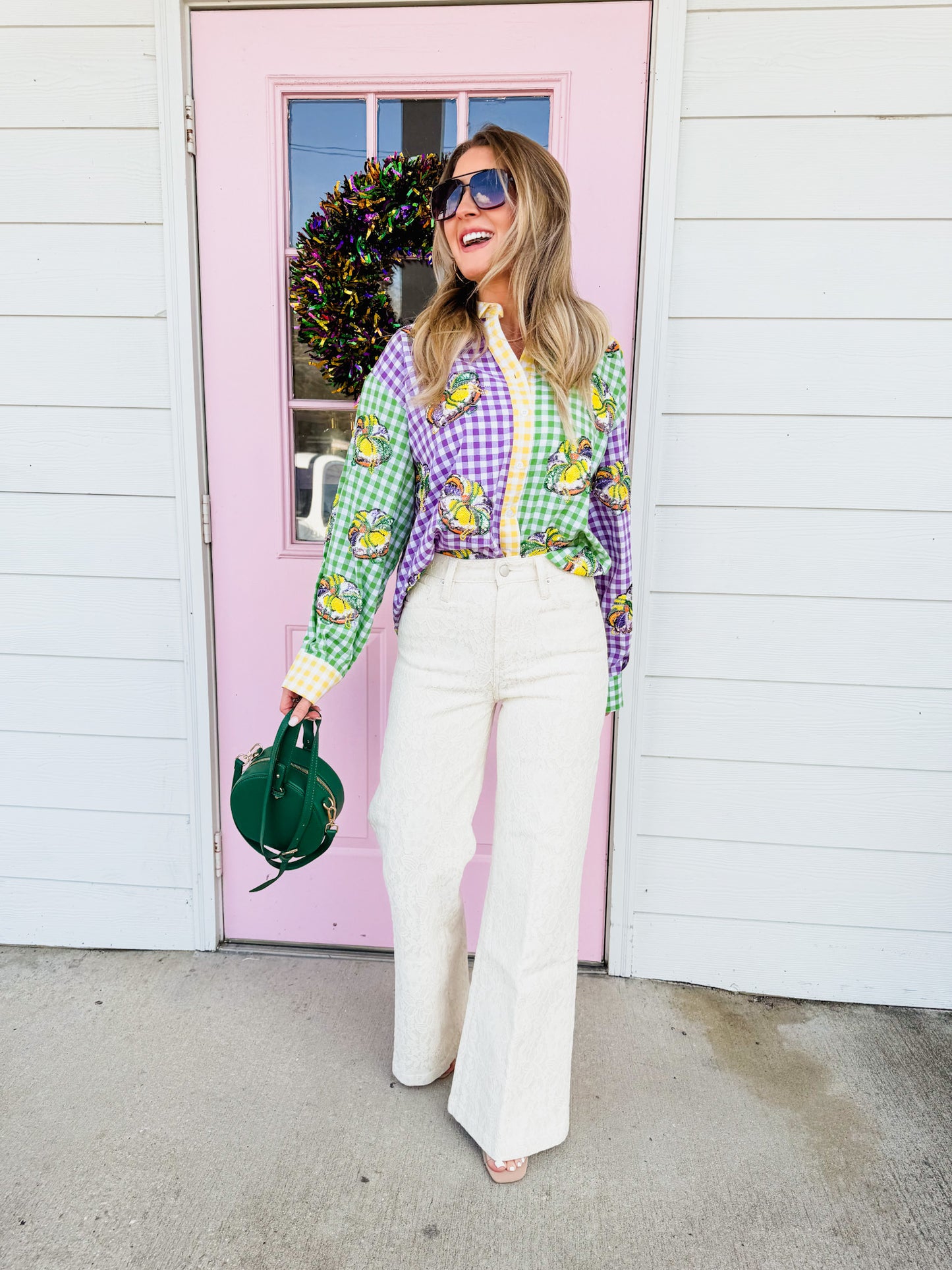 Queen Of Sparkles Colorblock Mardi Gras Gingham King Cake Button Up Top