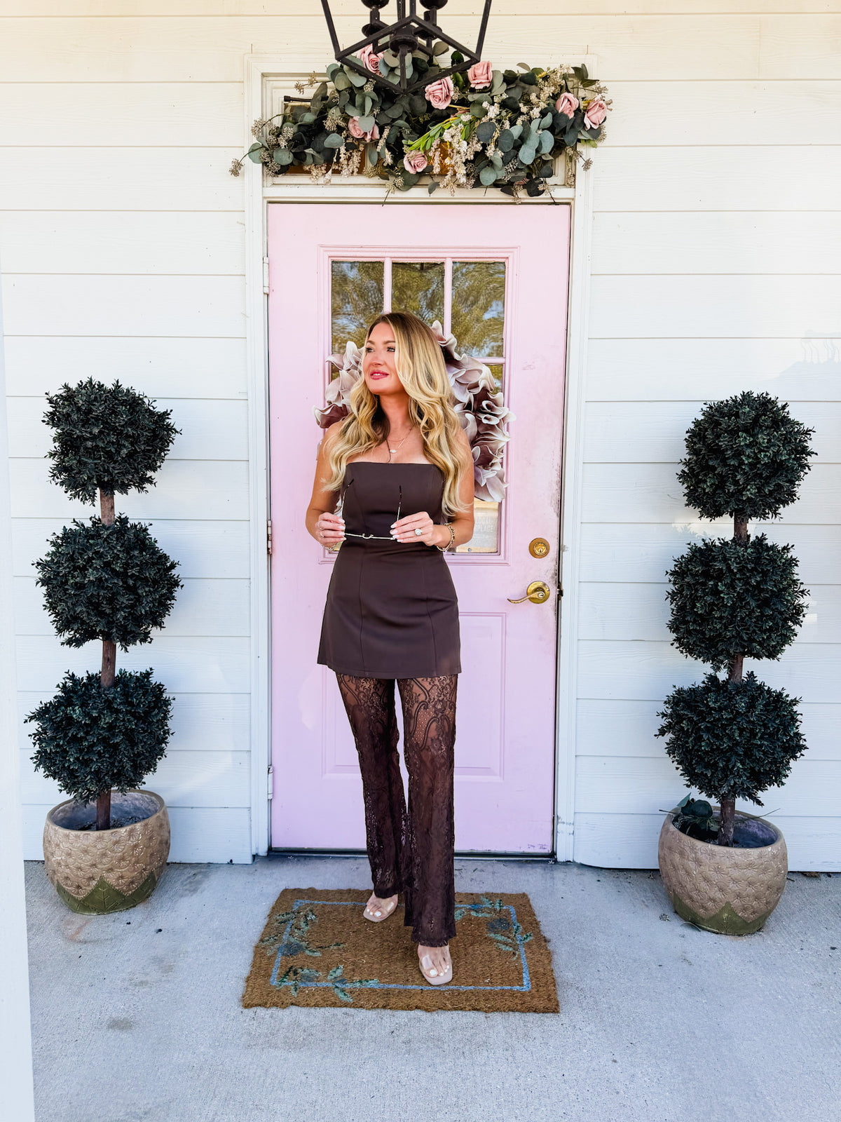 The Moment Lace Pant Strapless Two-Piece Set - Chocolate