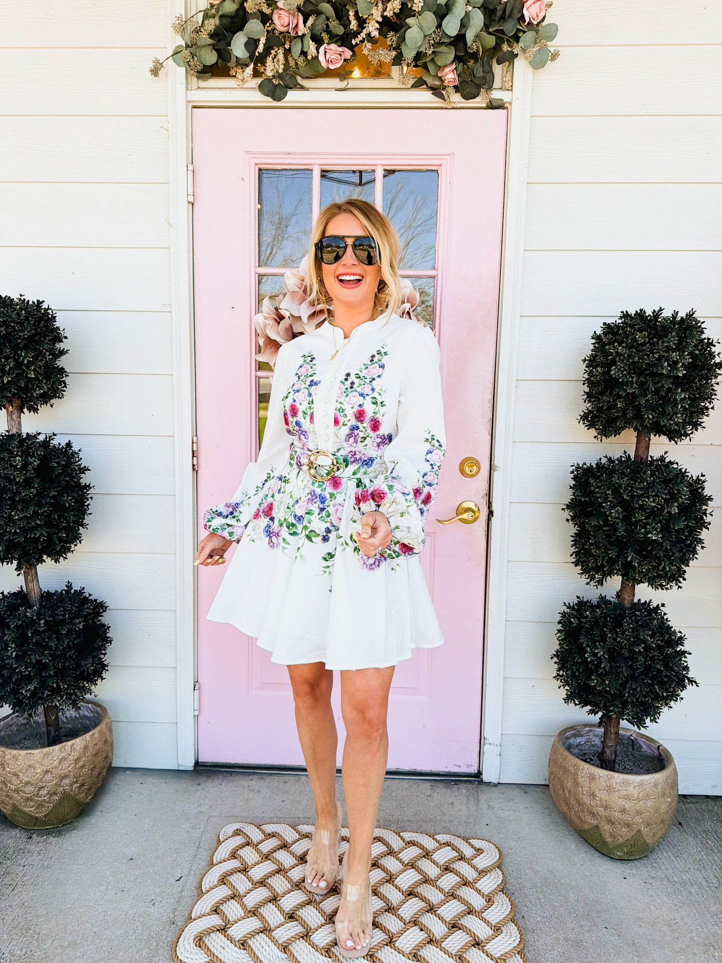 Planting Roots Floral Print Detail Short Dress - Off White