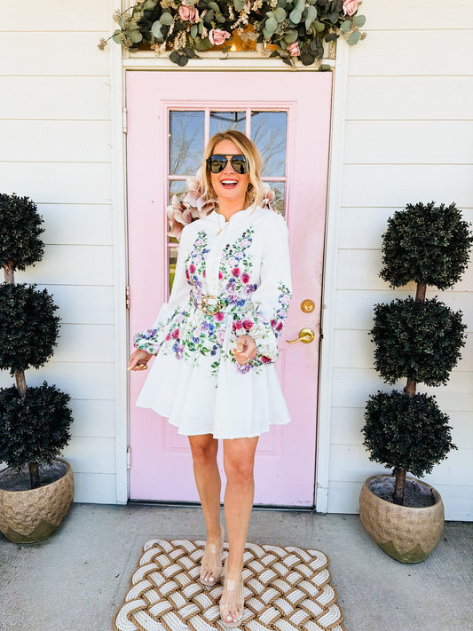 Planting Roots Floral Print Detail Short Dress - Off White