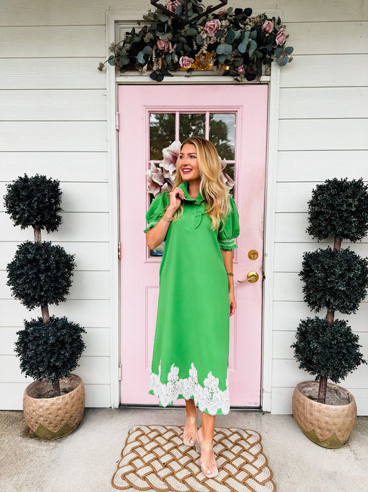New Horizons Applique Lace Trim Hem Detail Midi Dress - Kelly Green