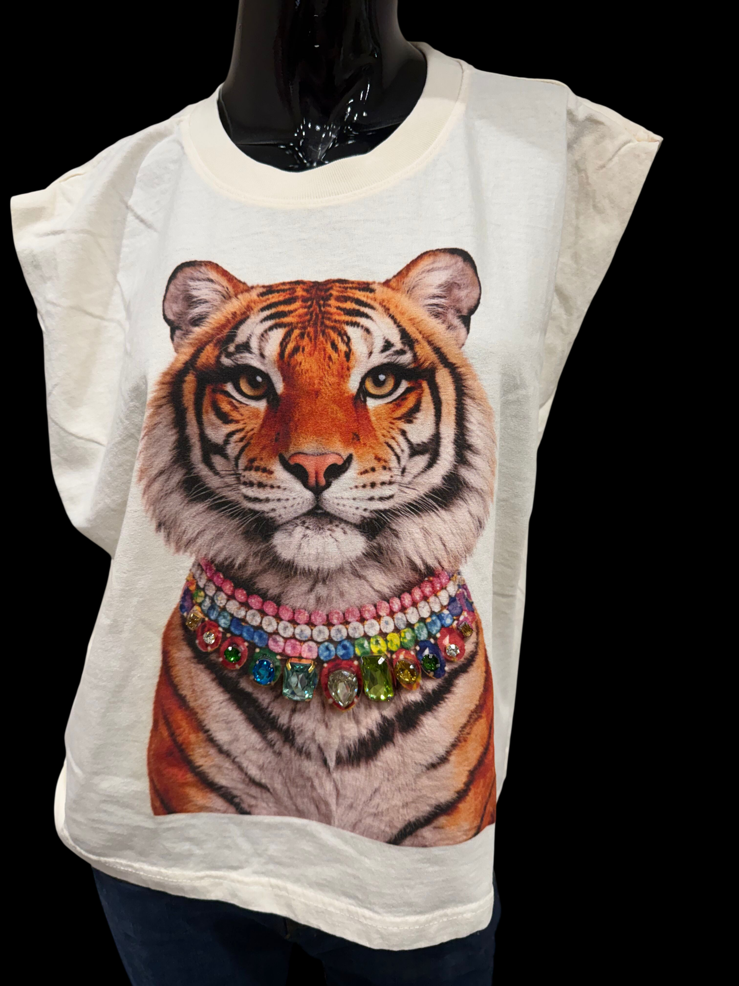 Jeweled Collar Tiger Muscle Tank - Cream
